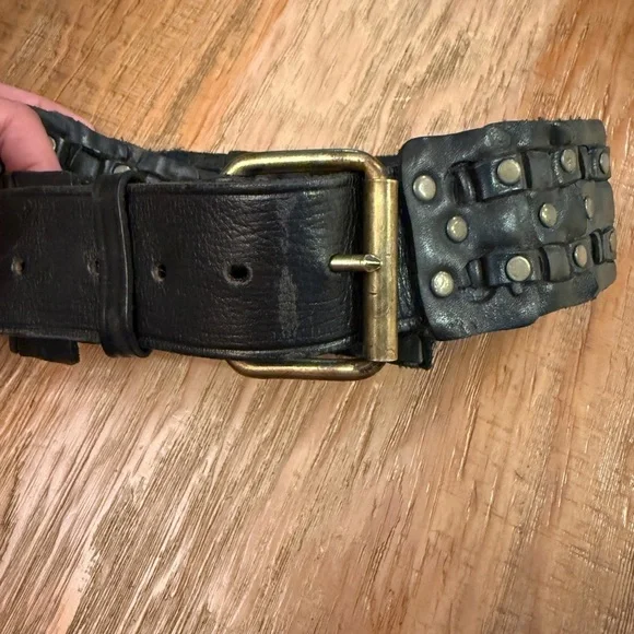 Black Leather Belt with Brass Buckle &Rivets all around